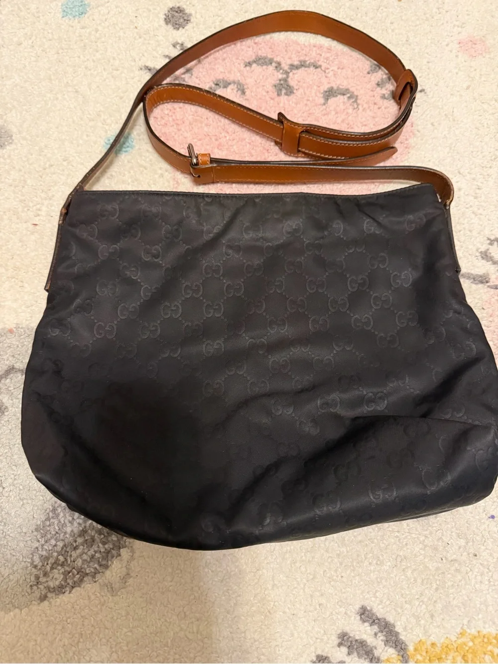 Gucci Black Monogram Messenger Bag with Brown Leather Strap